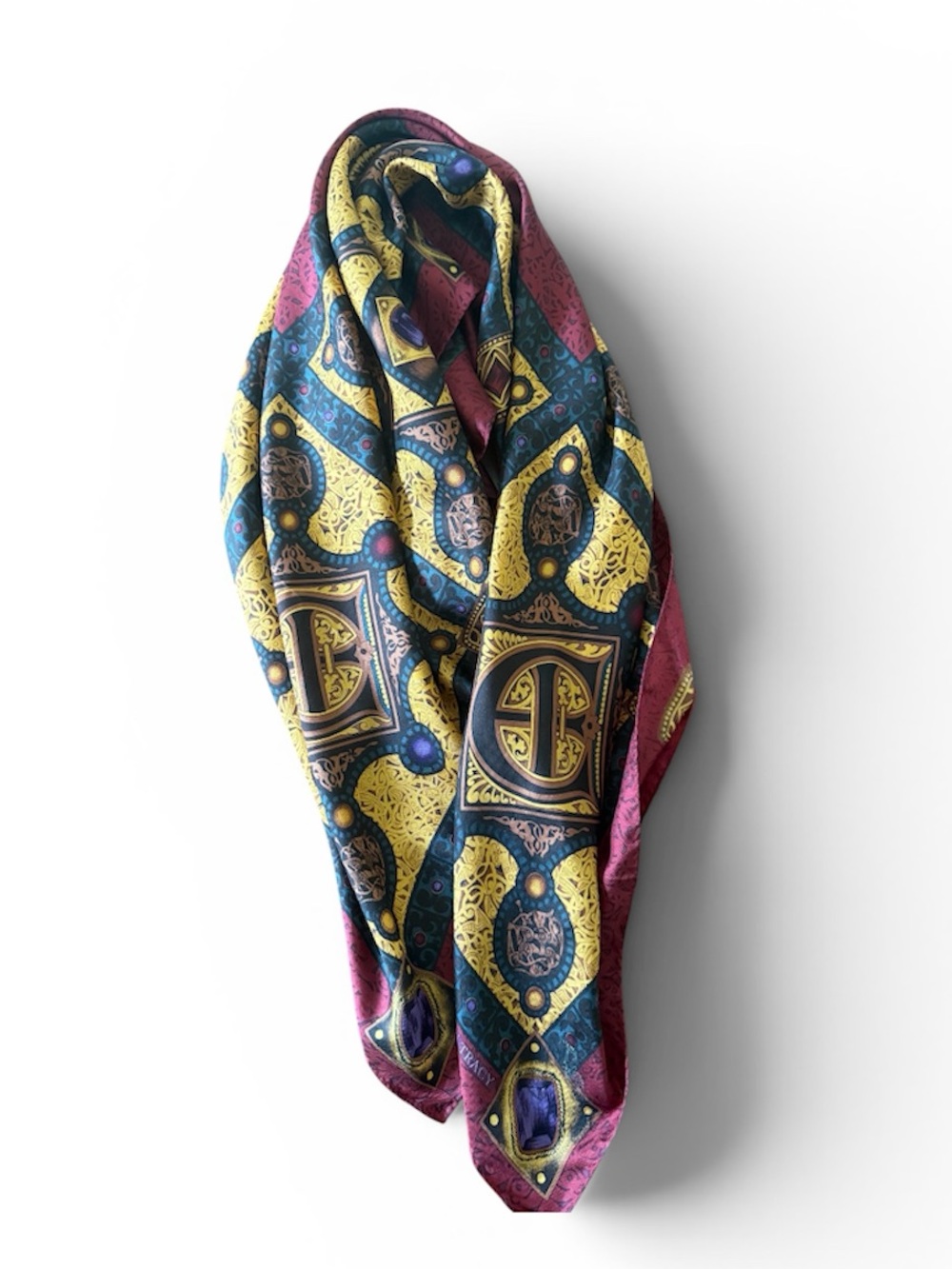 Vintage ELLEN TRACY Large Silk Scarf Multicolored Gems, Sun Gold Deep Navy
